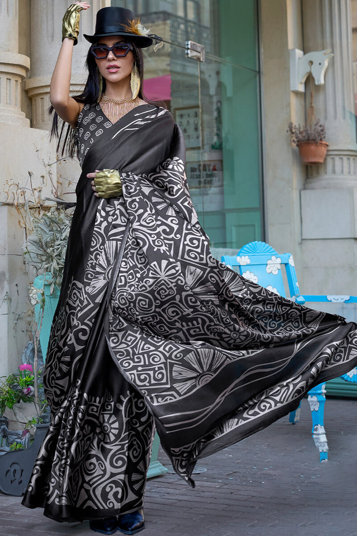 Rich Black Printed Satin Silk Saree