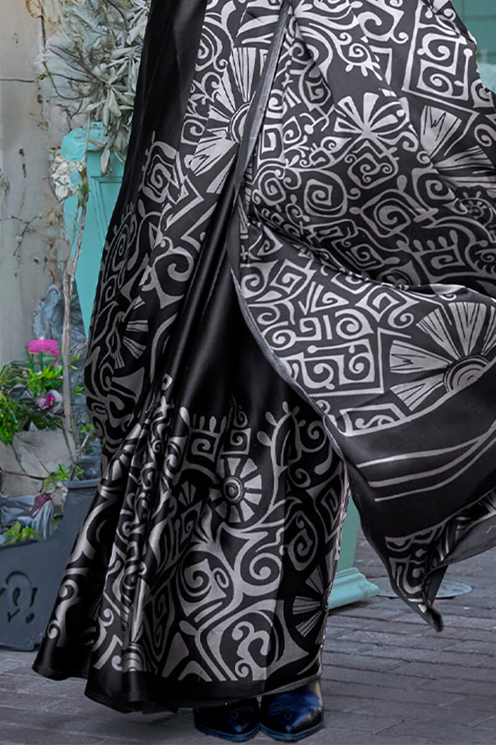 Rich Black Printed Satin Silk Saree