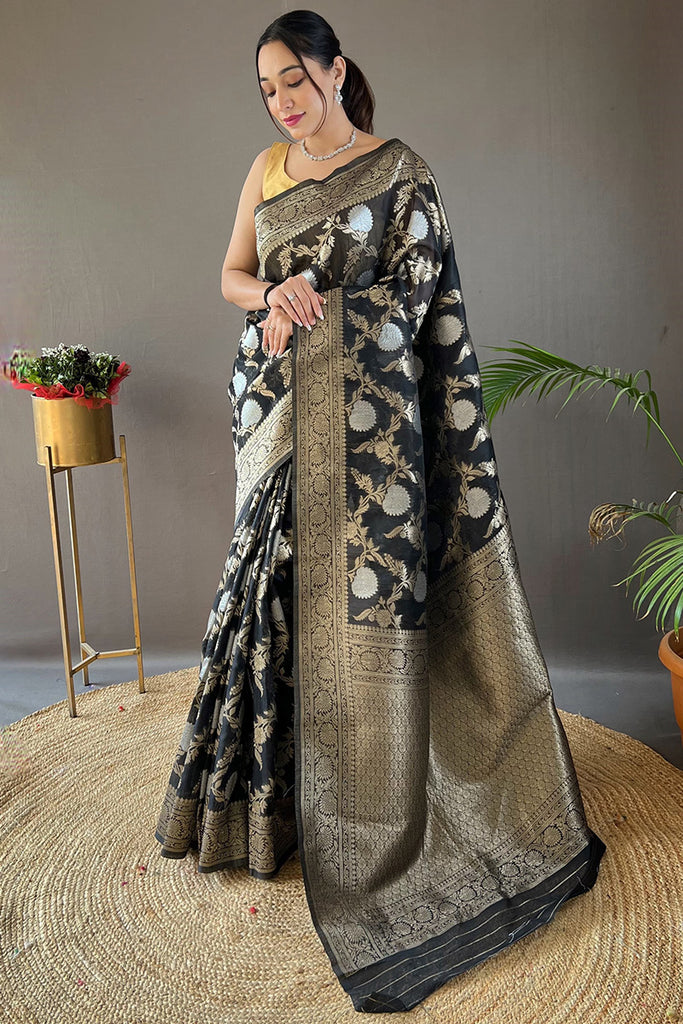 Rich Black Zari Woven Linen Silk Saree