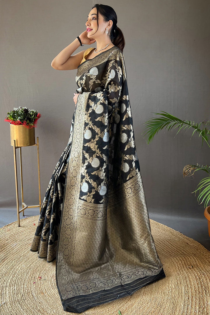Rich Black Zari Woven Linen Silk Saree
