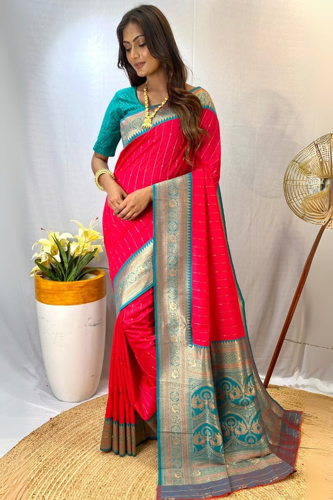 Rich Carmine Pink Zari Woven Banarasi Silk Saree