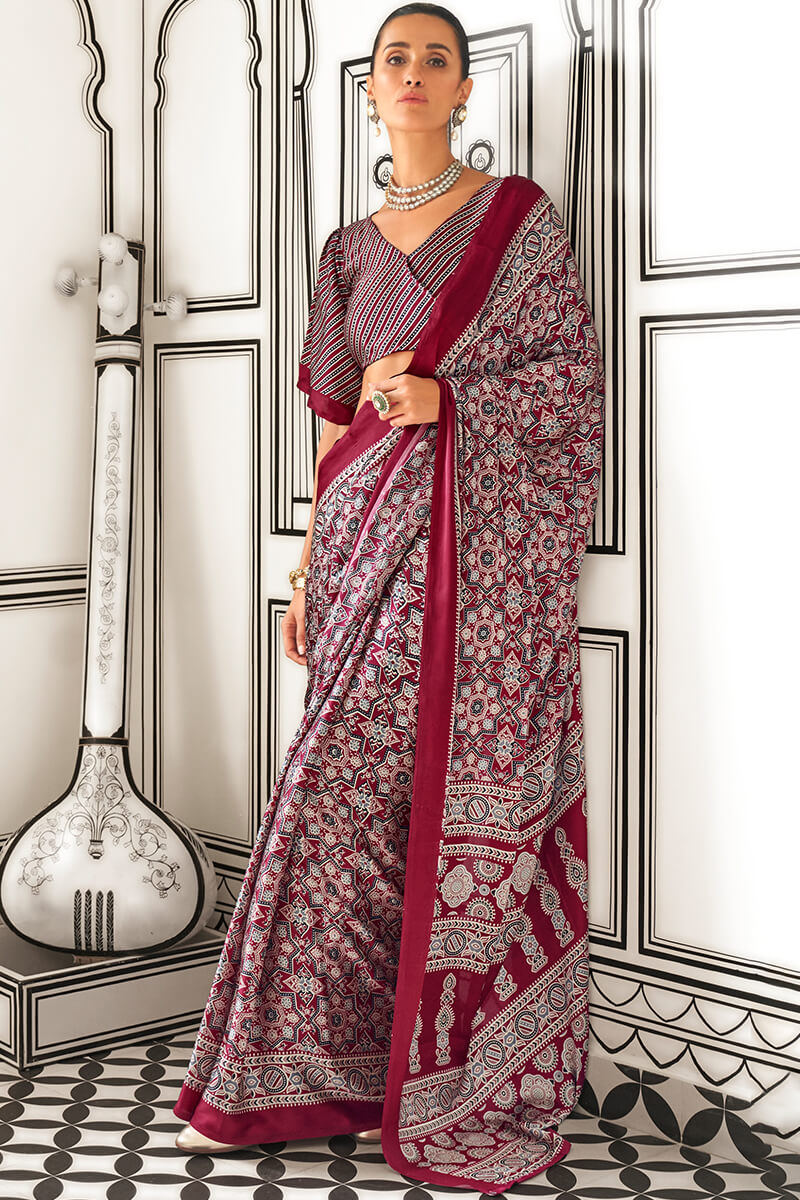 Rich Maroon Ajrakh Printed Satin Silk Saree