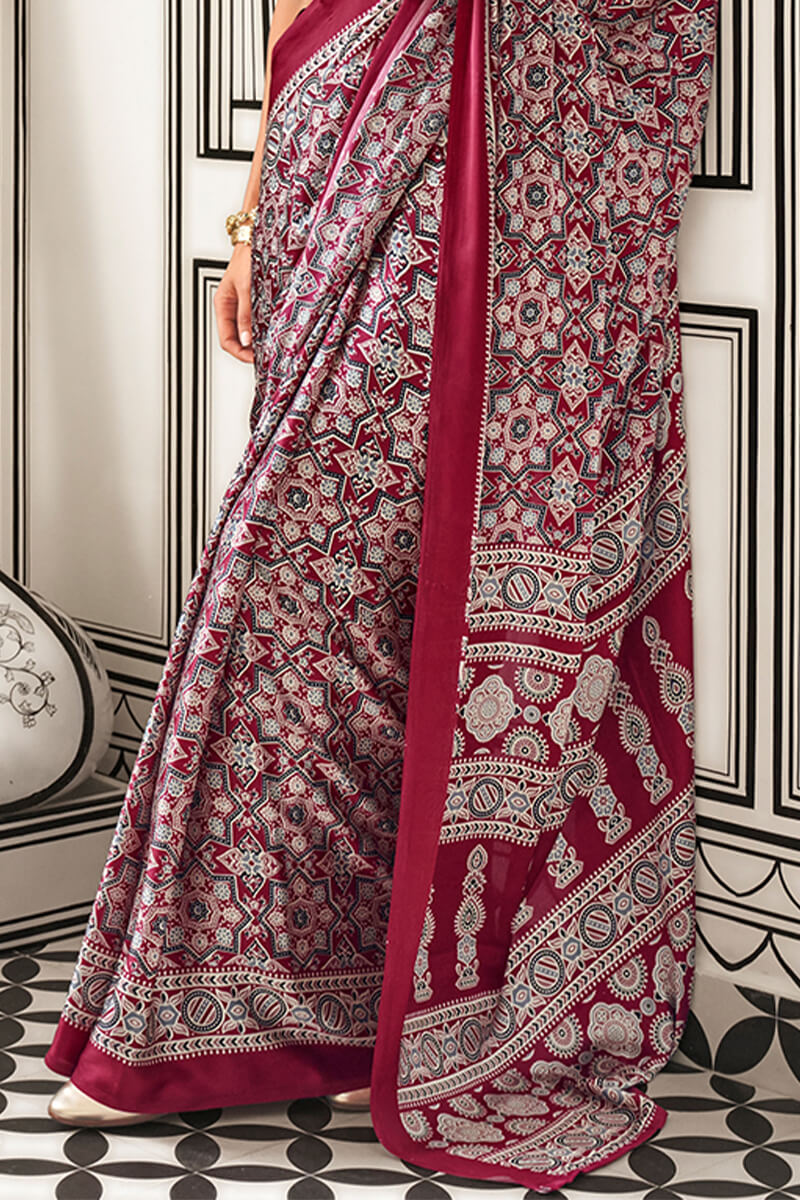 Rich Maroon Ajrakh Printed Satin Silk Saree