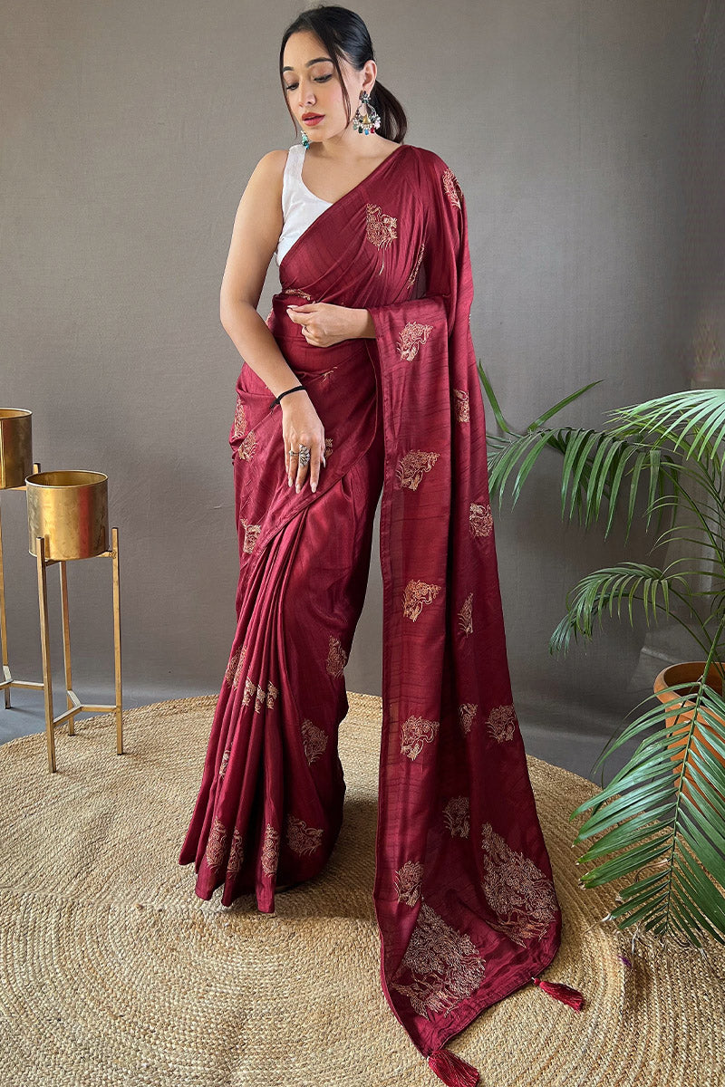 Rich Maroon Embroidered Work Soft Silk Saree