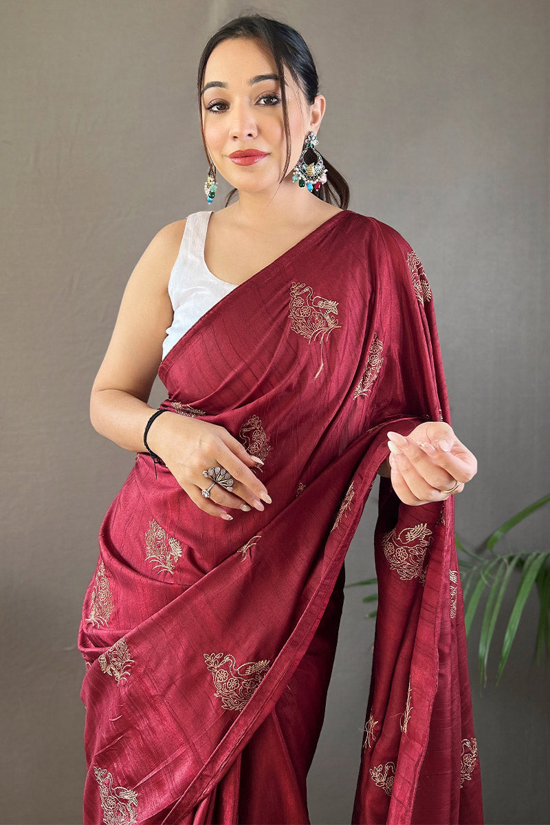 Rich Maroon Embroidered Work Soft Silk Saree