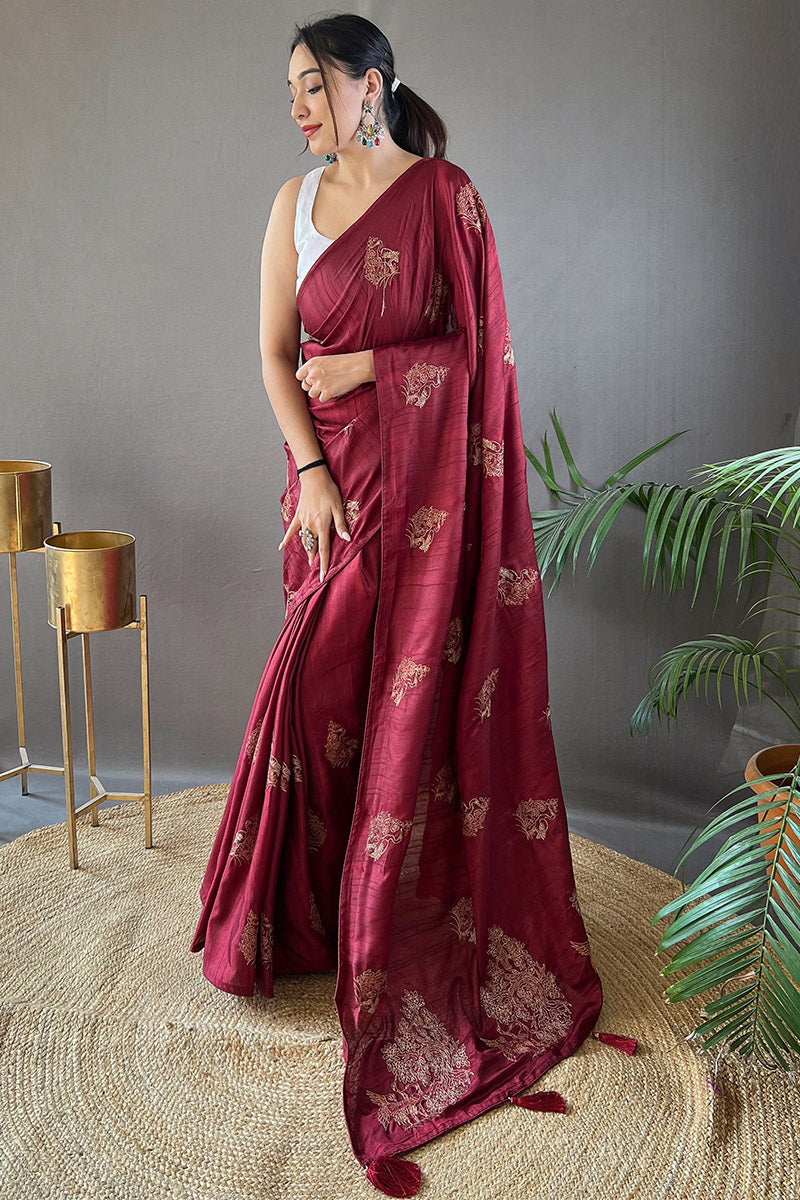 Rich Maroon Embroidered Work Soft Silk Saree