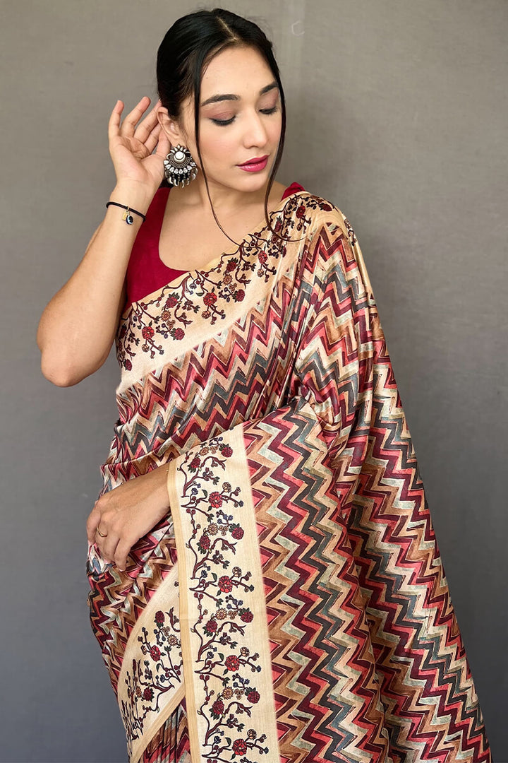 Rich Maroon Kalamkari Printed Soft Silk Saree