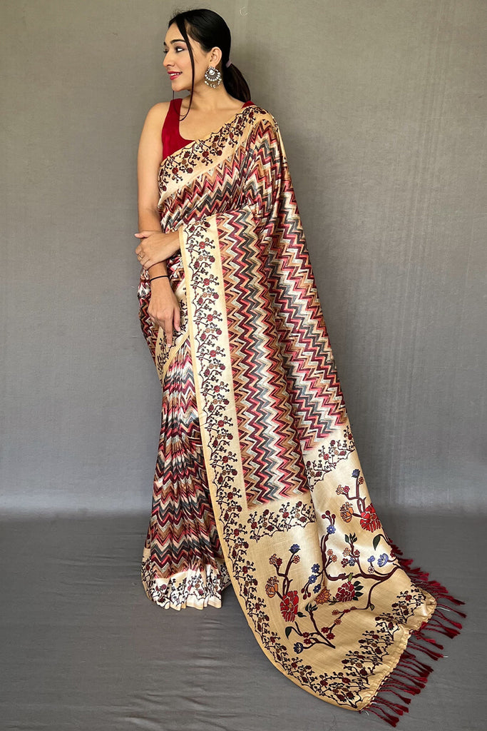 Rich Maroon Kalamkari Printed Soft Silk Saree