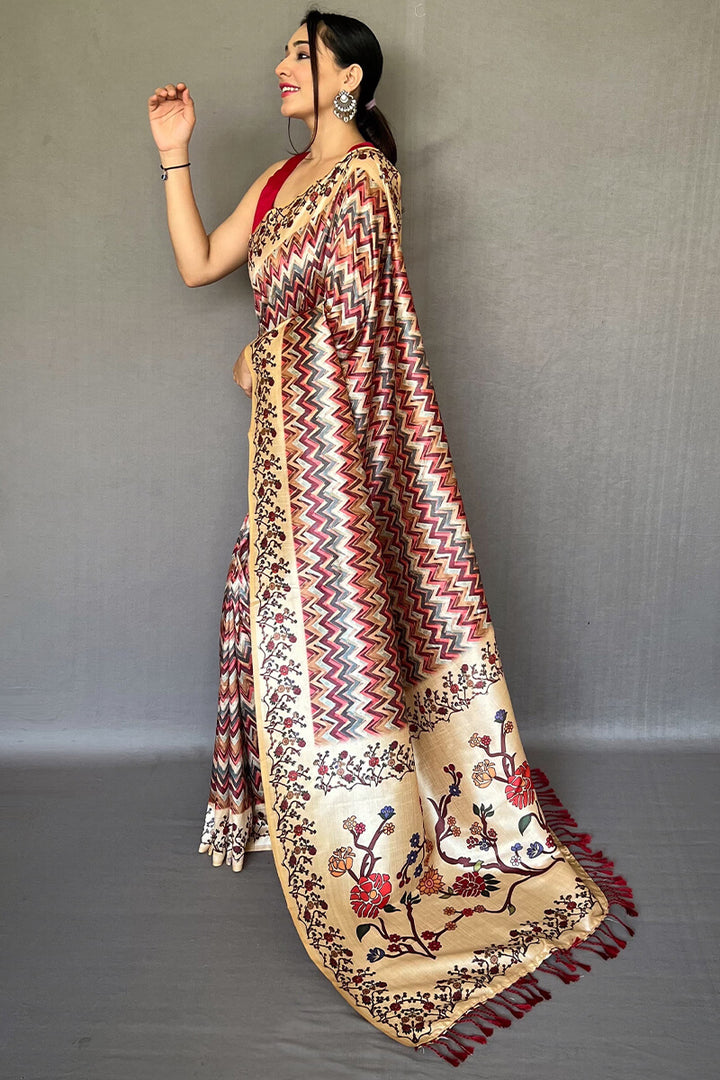 Rich Maroon Kalamkari Printed Soft Silk Saree