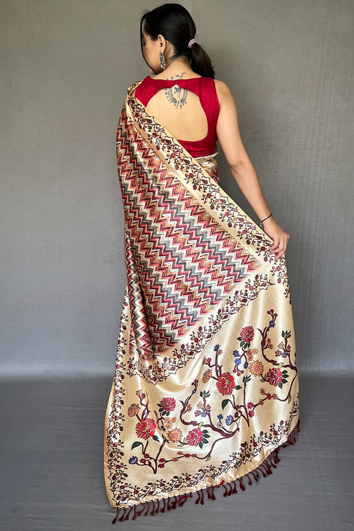 Rich Maroon Kalamkari Printed Soft Silk Saree