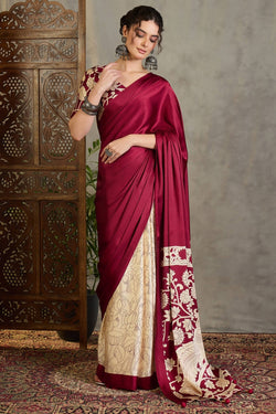 Rich Maroon Printed Satin Silk Saree