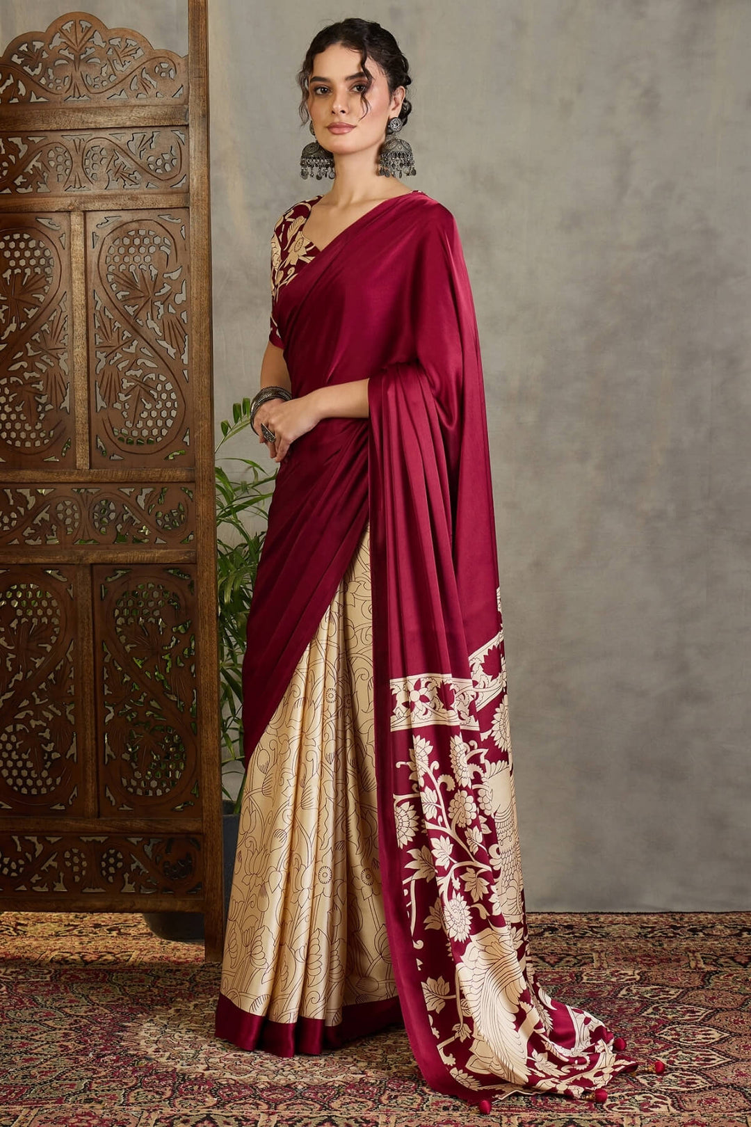 Rich Maroon Printed Satin Silk Saree