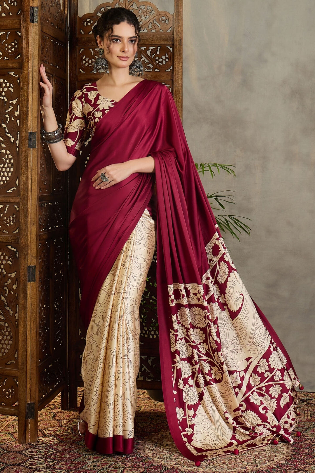 Rich Maroon Printed Satin Silk Saree