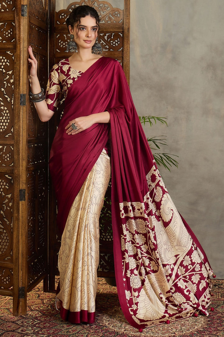 Rich Maroon Printed Satin Silk Saree