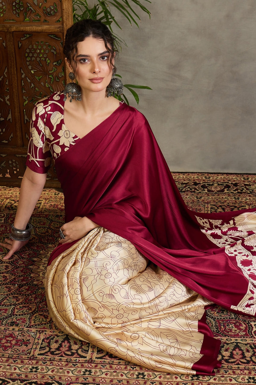 Rich Maroon Printed Satin Silk Saree