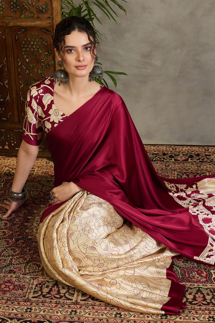 Rich Maroon Printed Satin Silk Saree