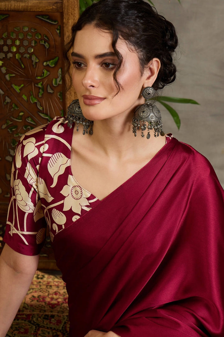 Rich Maroon Printed Satin Silk Saree