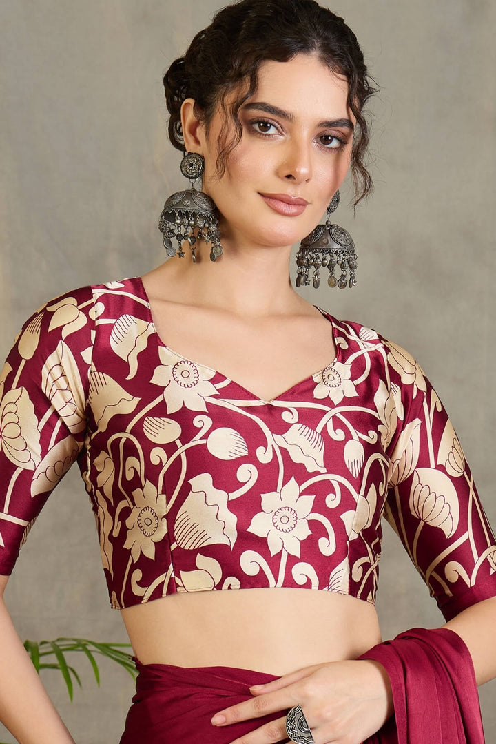 Rich Maroon Printed Satin Silk Saree