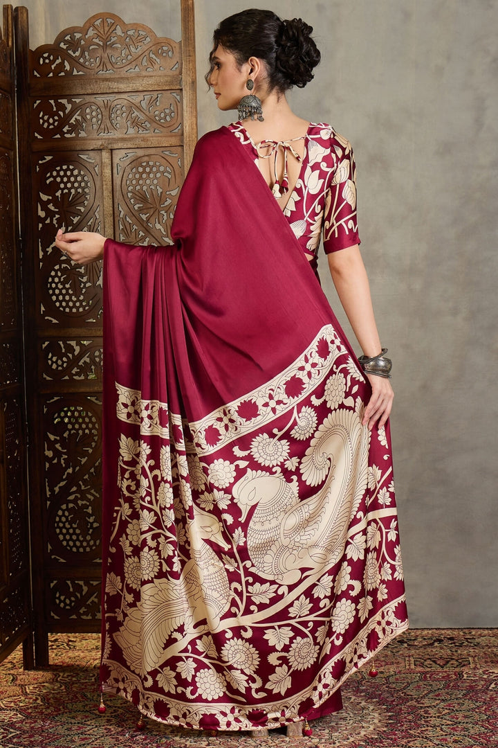 Rich Maroon Printed Satin Silk Saree