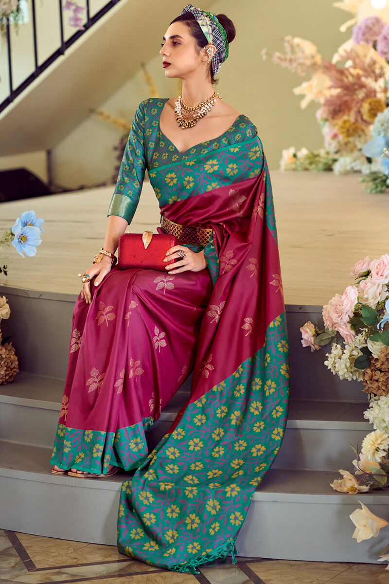 Rich Maroon Soft Silk Saree with Ikkat Border