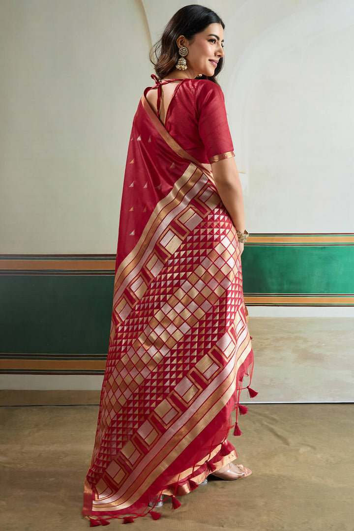Rich Maroon Woven Tussar Silk Saree