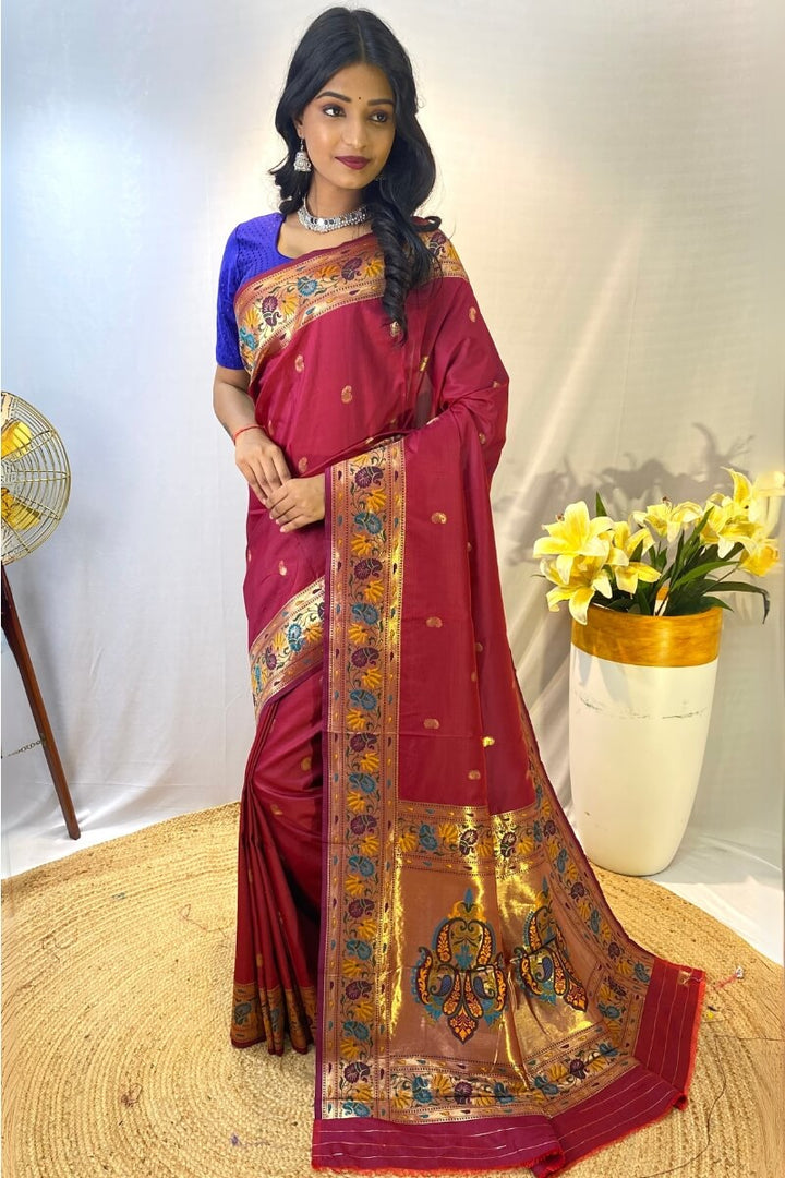 Rich Maroon Zari Woven Paithani Silk Saree