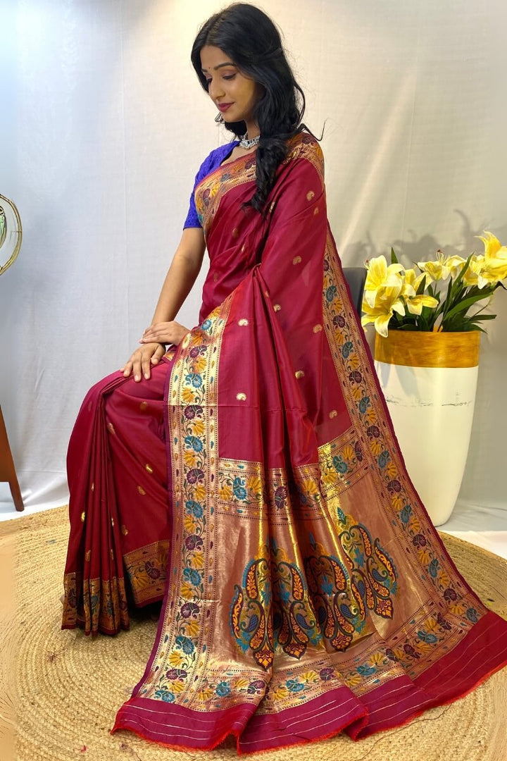 Rich Maroon Zari Woven Paithani Silk Saree