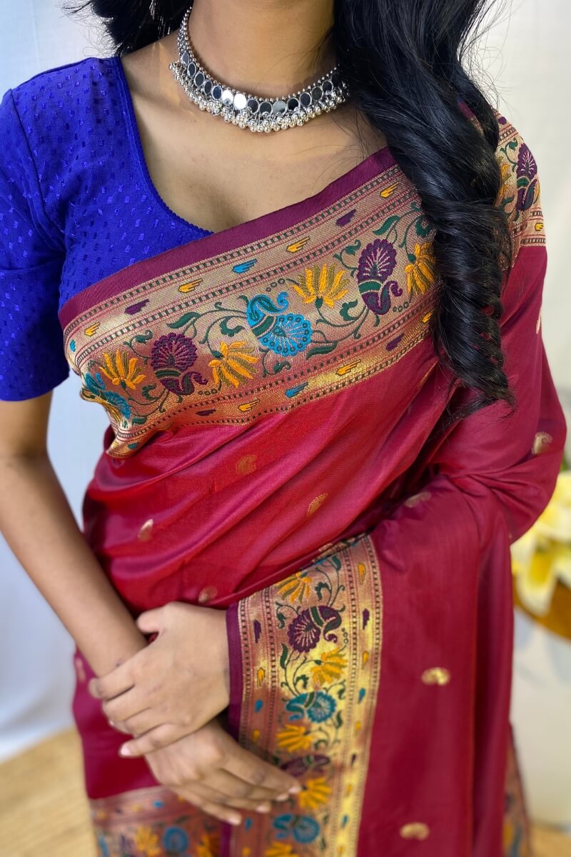 Rich Maroon Zari Woven Paithani Silk Saree