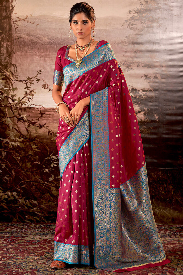 Rich Maroon Zari Woven Soft Banarasi Silk Saree