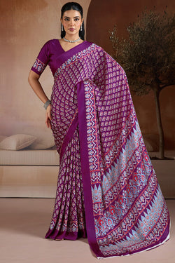 Rich Purple Ajrakh Printed Satin Crepe Silk Saree