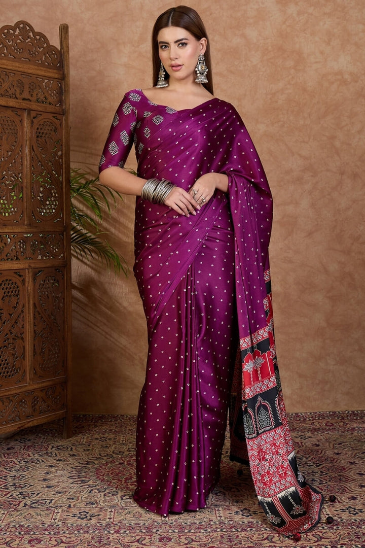 Rich Purple Ajrakh Printed Satin Silk Saree