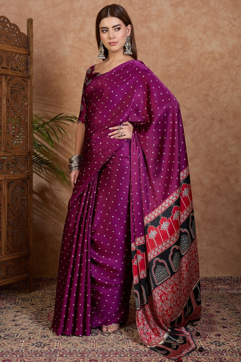 Rich Purple Ajrakh Printed Satin Silk Saree