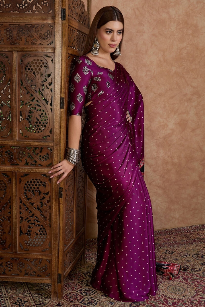 Rich Purple Ajrakh Printed Satin Silk Saree