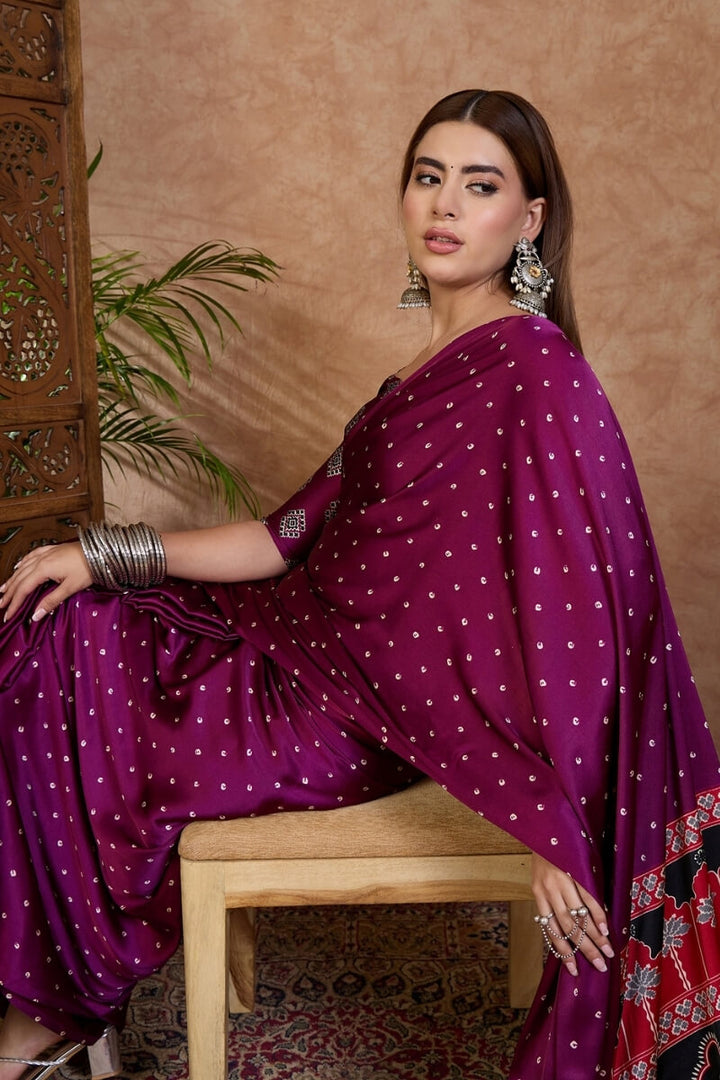 Rich Purple Ajrakh Printed Satin Silk Saree