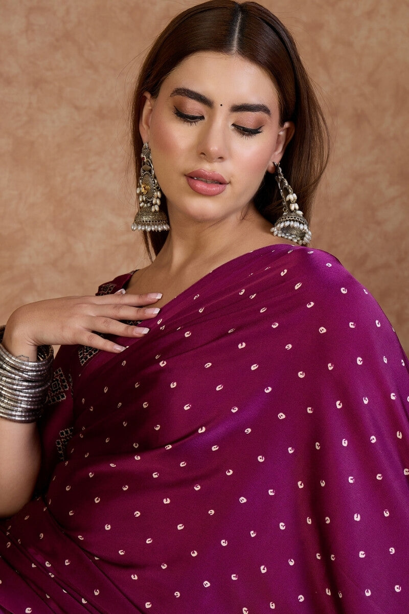 Rich Purple Ajrakh Printed Satin Silk Saree