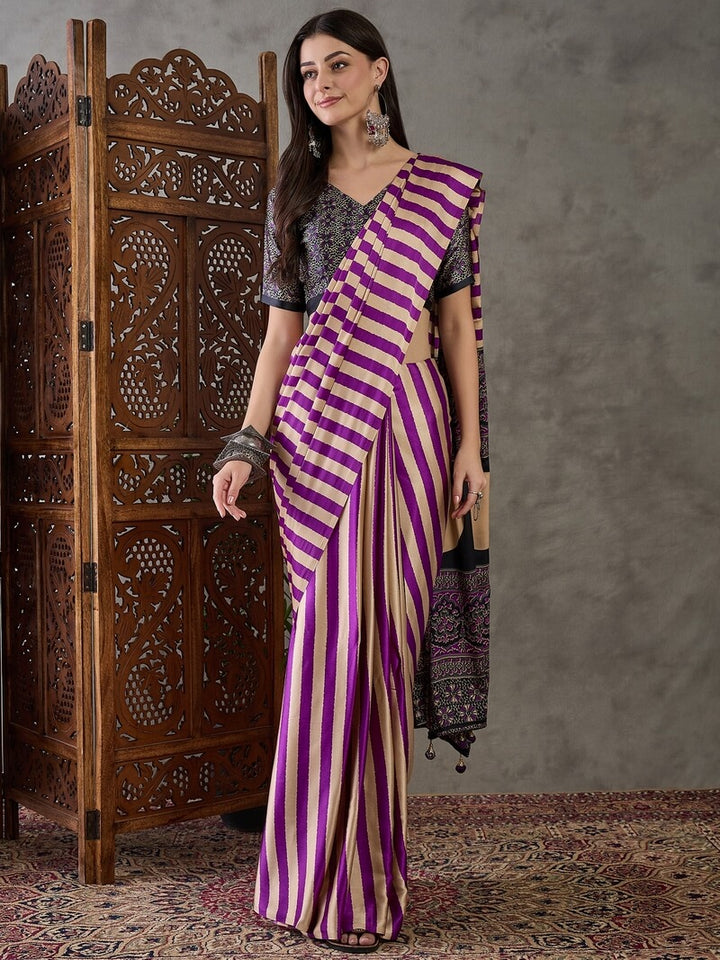 Rich Purple Stripe Ajrakh Printed Satin Silk Saree