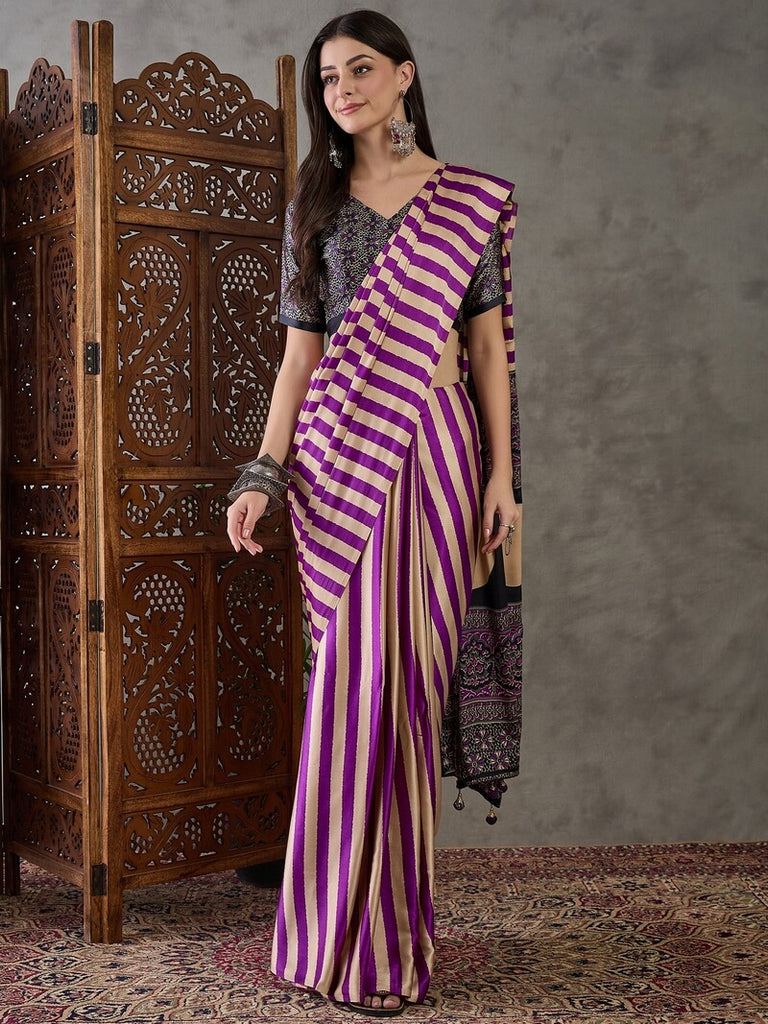 Rich Purple Stripe Ajrakh Printed Satin Silk Saree