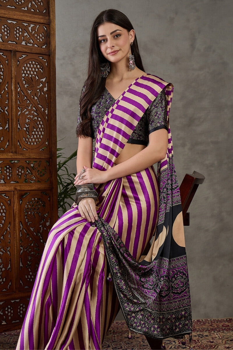Rich Purple Stripe Ajrakh Printed Satin Silk Saree