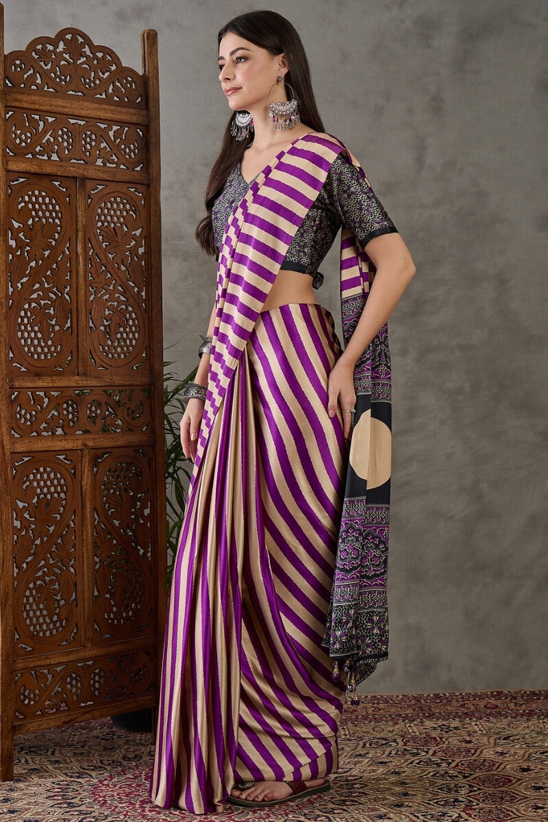 Rich Purple Stripe Ajrakh Printed Satin Silk Saree