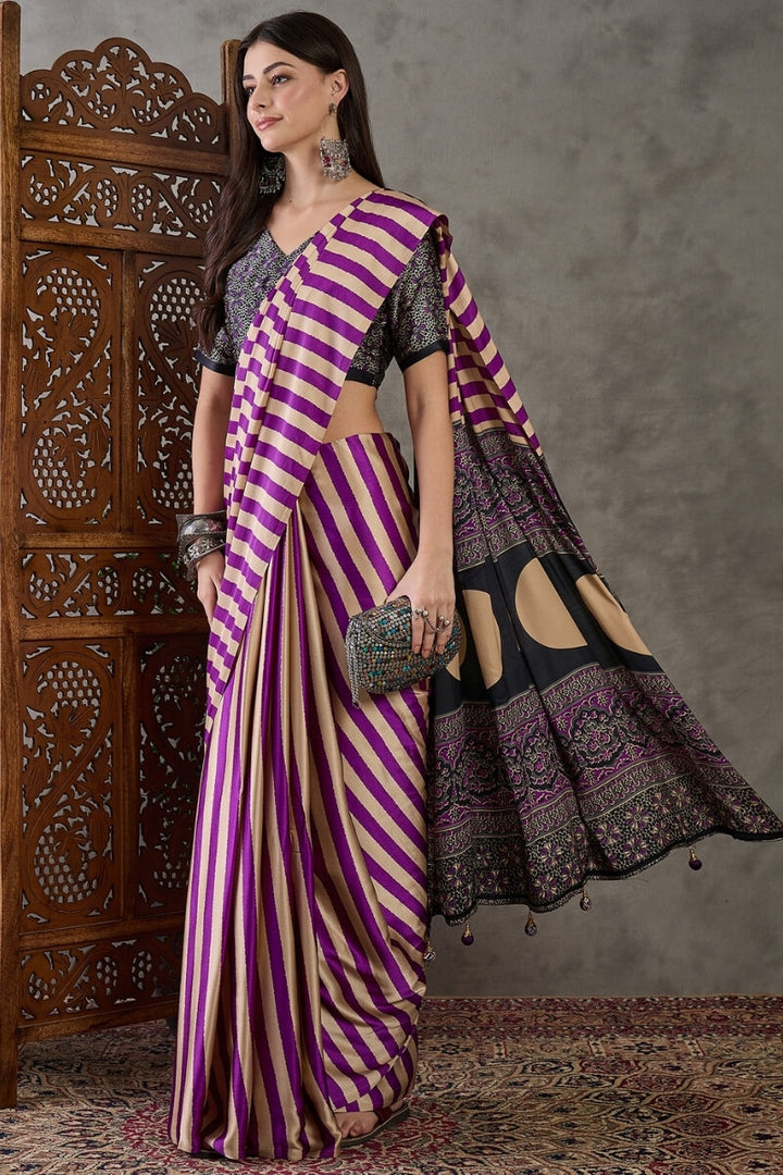 Rich Purple Stripe Ajrakh Printed Satin Silk Saree