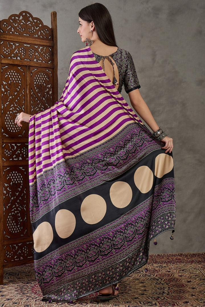 Rich Purple Stripe Ajrakh Printed Satin Silk Saree