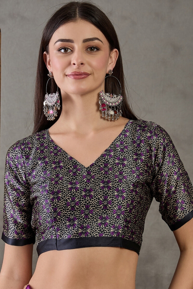 Rich Purple Stripe Ajrakh Printed Satin Silk Saree