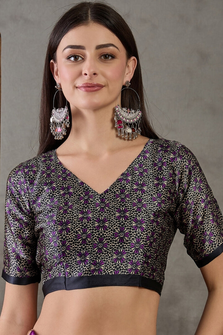 Rich Purple Stripe Ajrakh Printed Satin Silk Saree