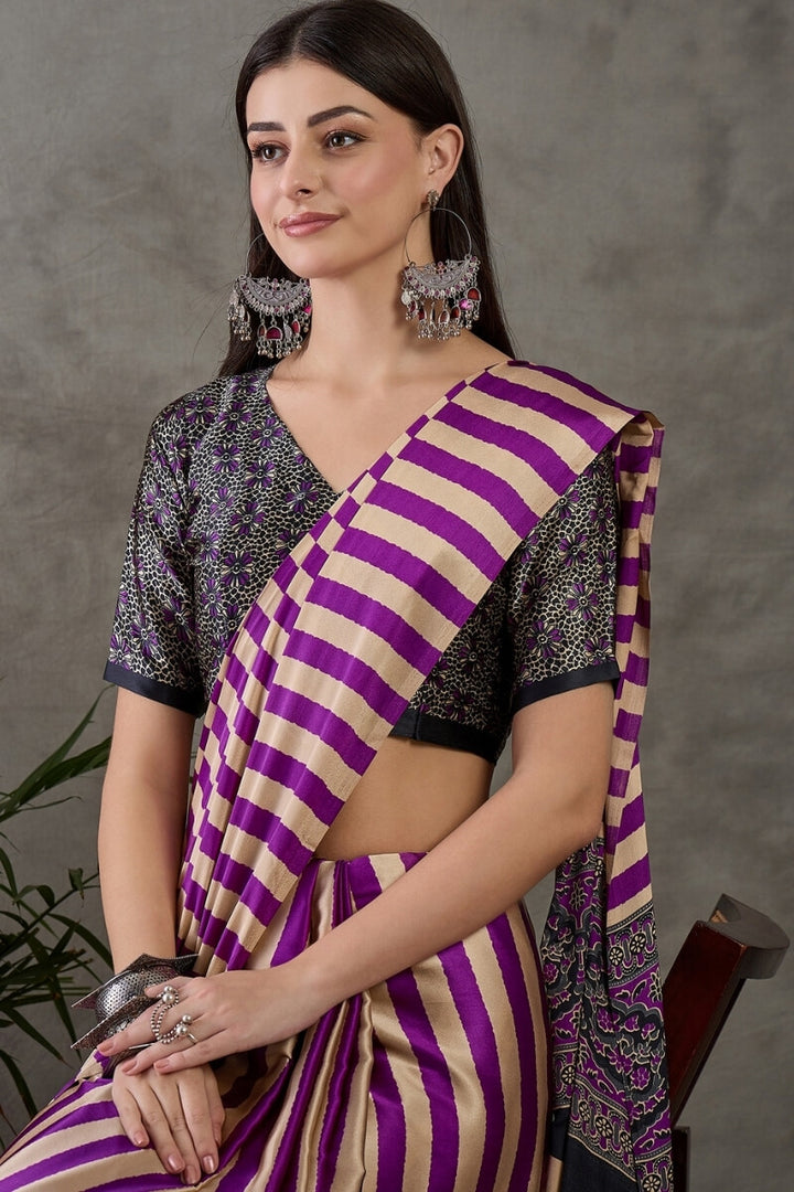 Rich Purple Stripe Ajrakh Printed Satin Silk Saree
