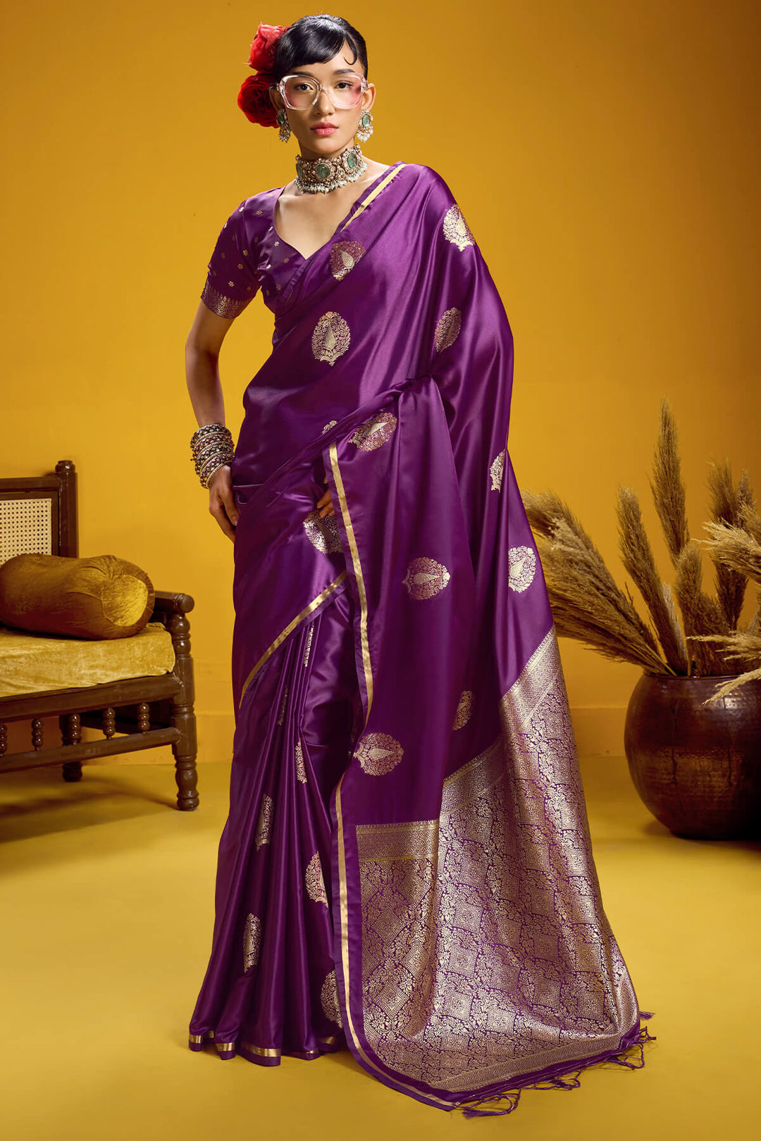 Rich Purple Zari Woven Banarasi Satin silk saree