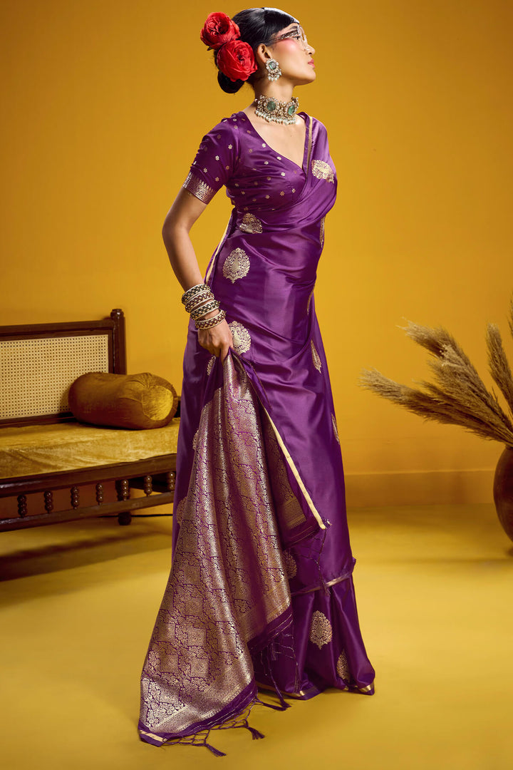 Rich Purple Zari Woven Banarasi Satin silk saree