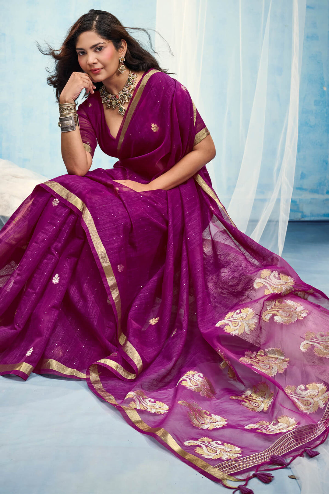 Rich Purple Zari Woven Pure Munga Cotton saree