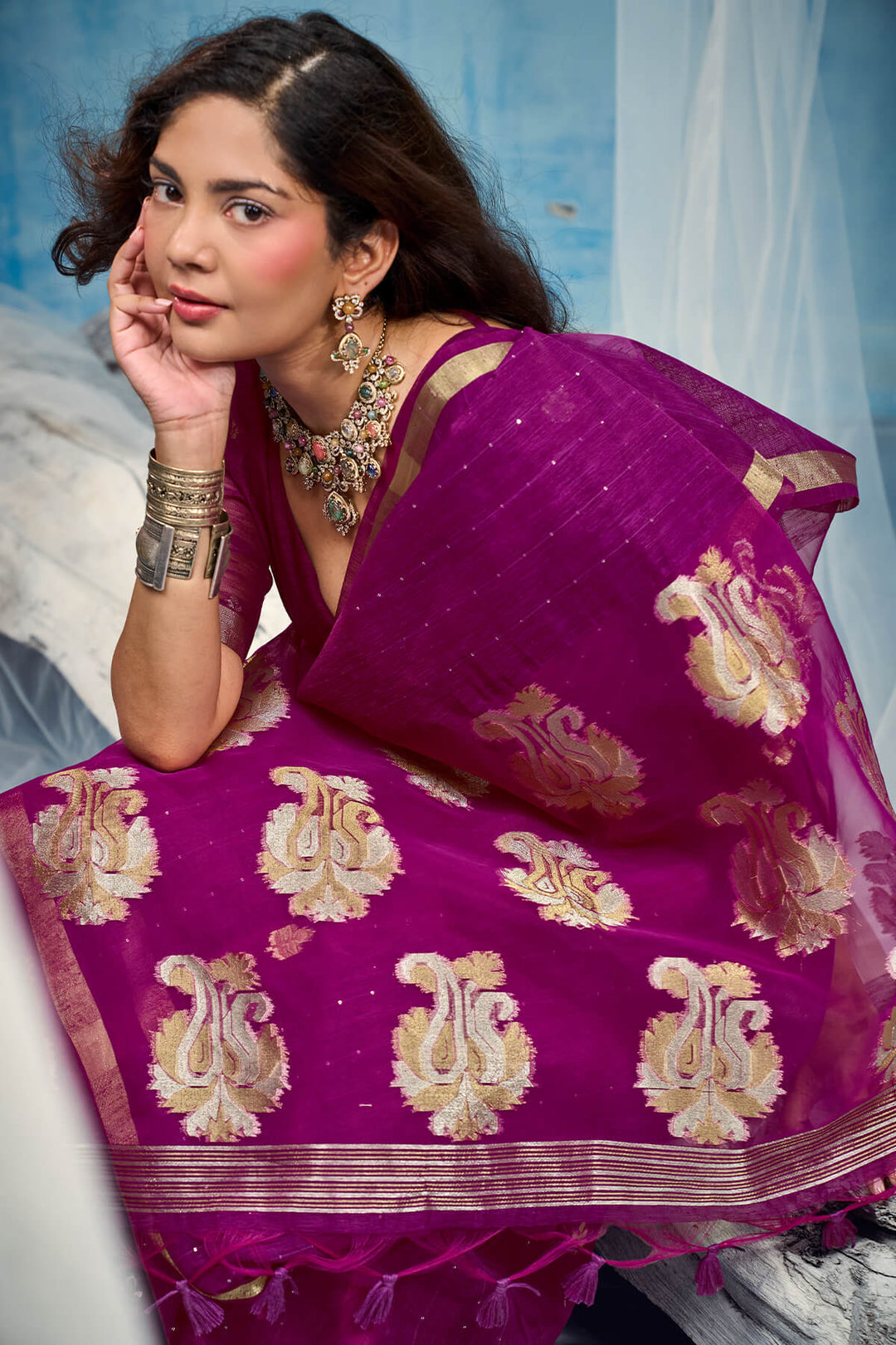 Rich Purple Zari Woven Pure Munga Cotton saree
