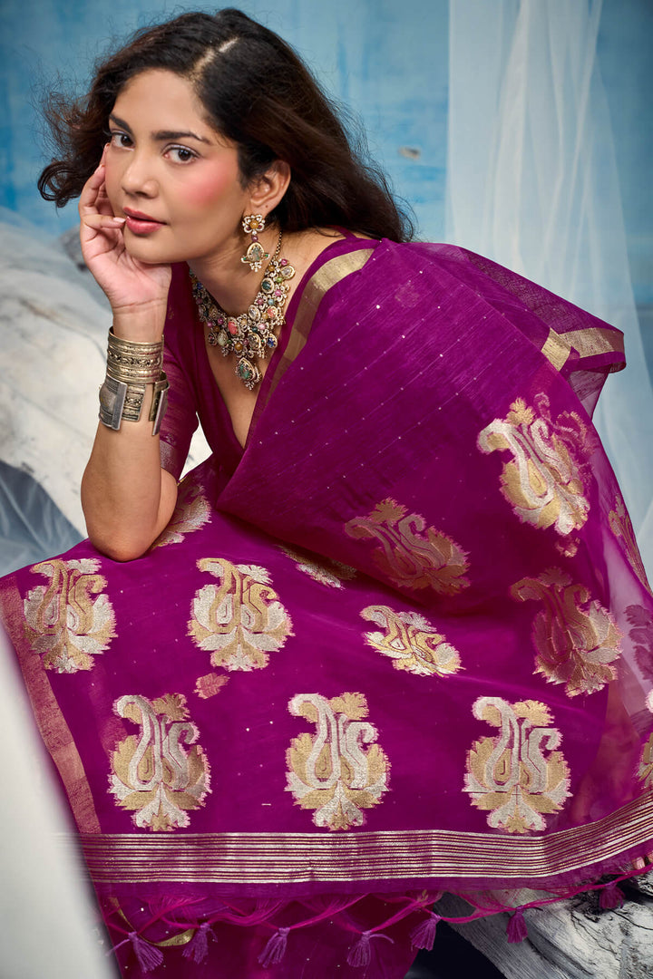 Rich Purple Zari Woven Pure Munga Cotton saree