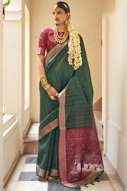 Rifle Green Linen Tussar Silk Saree